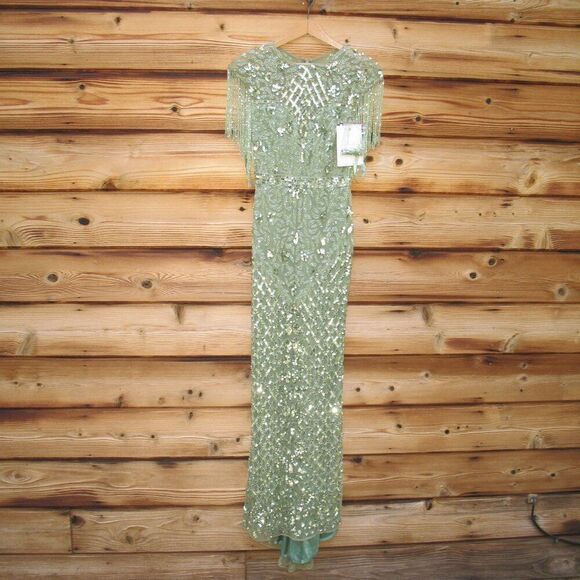 MAC DUGGAL 4908 Green High Neck Sleeveless Beaded Fringe Fitted Gown Dress - Picture 5 of 13